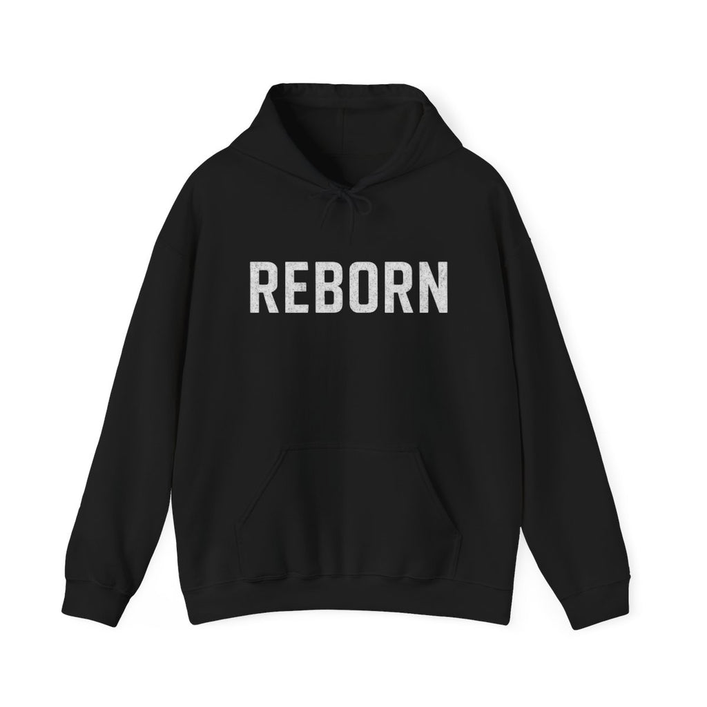 White lettered REBORN hoodie